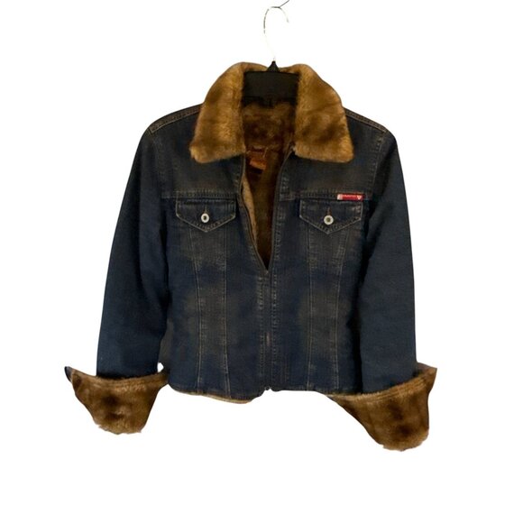 Guess Y2K Women's Denim Jacket Faux Fur Collar Sherpa Lined Vintage Size Small - Picture 10 of 12